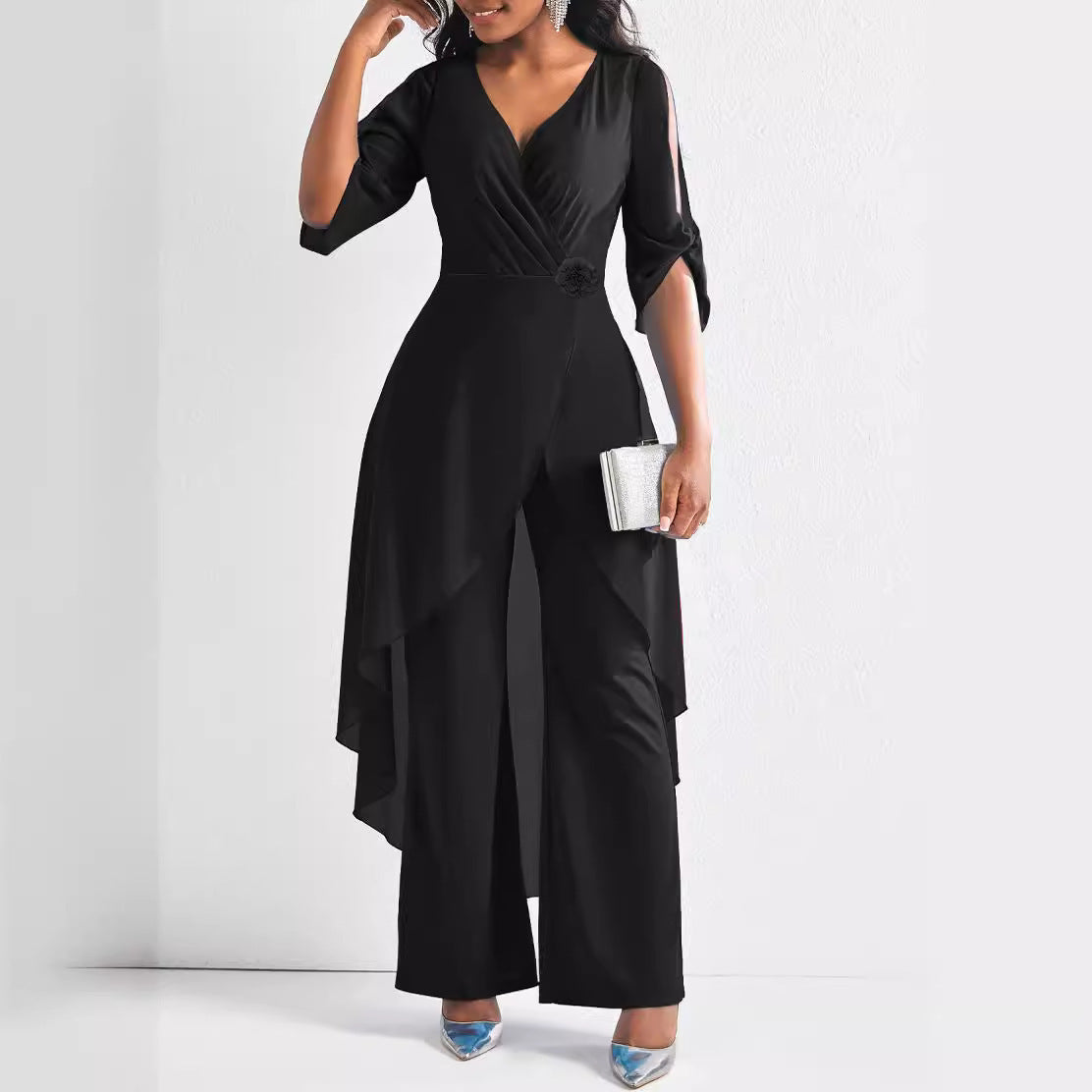 Casual Solid Color Elegant Slim V-neck Elegant One-piece Trousers